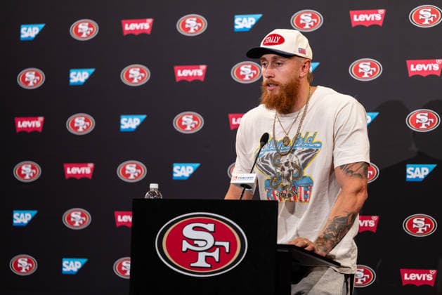 SANTA CLARA, CA - JUNE 03: George Kittle 85 of the San Francisco 49ers speaks with the media after a team OTA practice at SAP Performance Facility on June 3, 2026 in Santa Clara, CA. (Photo by Matthew Huang Icon Sportswire) NFL, American Football Herren, USA JUN 03 San Francisco 49ers OTA EDITORIAL USE ONLY Icon260603039