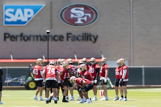 NFL, American Football Herren, USA San Francisco 49ers - Practice June 3, 2026; Santa Clara, California, USA; San Francisco 49ers players huddle together and wait for the next drill during practice at the SAP Performance Center adjacent to Levi™s Stadium. Mandatory Credit: Stan Szeto-Imagn Images Santa Clara California USA EDITORIAL USE ONLY Copyright: xStanxSzetox StanxSzetox iosphotos411522