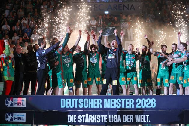 03 06 2026, xtgx, Handball, Daikin HBL, SC Magdeburg VfL Gummersbach v l award ceremony around Sergey Hernandez Ferrer Magdeburg, 1 championship trophy, trophy Magdeburg