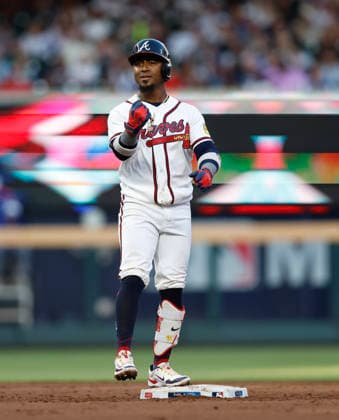 Second baseman Ozzie Albies 1 of the Atlanta Braves gestures towards the dugout after hitting a double in the 3rd inning against the Toronto Blue Jays at Truist Park on Wednesday, June 3, 2026 in Atlanta, Georgia.  ATL20260603108 MikexZarrilli