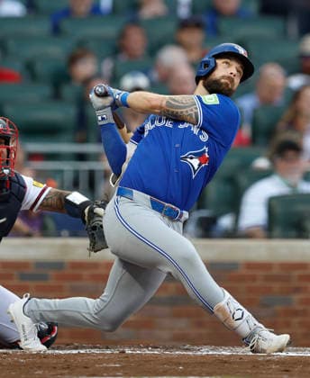 Left fielder Nathan Lukes 38 of the Toronto Blue Jays hits a solo home run in the third inning against the Atlanta Braves at Truist Park on Wednesday, June 3, 2026 in Atlanta, Georgia.  ATL20260603205 MikexZarrilli