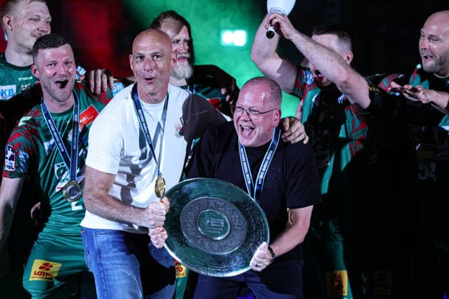 Managing Director Marc Henrik Schmedt SC Magdeburg with President Dirk Roswandowicz SC Magdeburg with the championship trophy Handball Bundesliga season 2025 2026 SC Magdeburg vs VfL Gummersbach at the GETEC Arena in Magdeburg Handball,Germany,03 06 2026