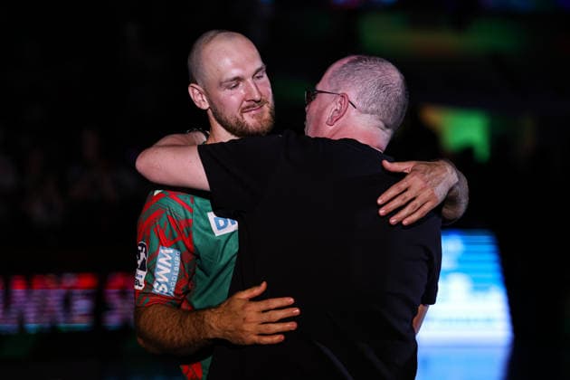 Farewell after the game Christian O Sullivan SC Magdeburg,24 with Managing Director Marc Henrik Schmedt SC Magdeburg Handball Bundesliga Season 2025 2026 SC Magdeburg vs VfL Gummersbach at the GETEC Arena in Magdeburg Action,Handball,Germany,03 06 2026