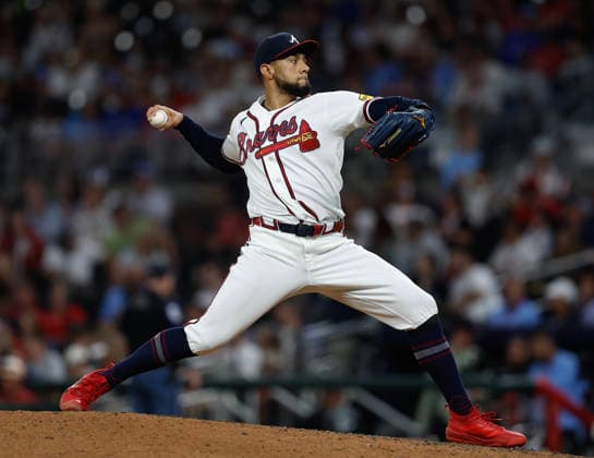 Pitcher Robert Suarez 75 of the Atlanta Braves throws a pitch in the eighth inning against the Toronto Blue Jays at Truist Park on Wednesday, June 3, 2026 in Atlanta, Georgia.  ATL20260603119 MikexZarrilli