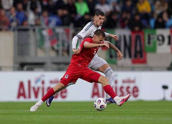 Tomas Moreira Cruz Luxembourg 6 in duel with Luca Lipani Italy 5 Football, Season 2025 2026, Friendly match, International match 03 06 2026 National team Luxembourg Italy LUX vs ITA Stade de Luxembourg, Luxembourg