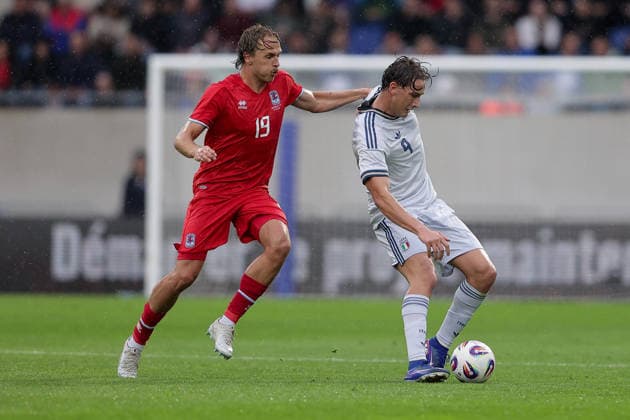 Mathias Olesen Luxembourg 19 in duel with Pio Esposito Italy 9 Football, Season 2025 2026, Friendly match, International match 03 06 2026 National team Luxembourg Italy LUX vs ITA Stade de Luxembourg, Luxembourg