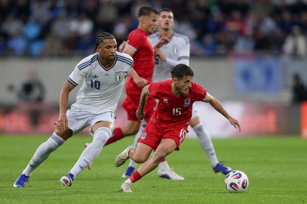Vincent Thill Luxembourg 15 in duel with Cher Ndour Italy 10 Soccer, Season 2025 2026, Friendly match, International match 03 06 2026 National team Luxembourg Italy LUX vs ITA Stade de Luxembourg, Luxembourg