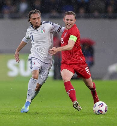 Laurent Jans captain Luxembourg 18 in duel with Luca Koleosho Italy 11 Football, Season 2025 2026, Friendly match, International match 03 06 2026 National team Luxembourg Italy LUX vs ITA Stade de Luxembourg, Luxembourg
