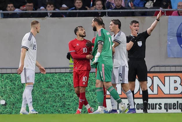 Danel Sinani Luxembourg 10 discusses with Gianluigi Donnarumma Goalkeeper Italy 1 Soccer, Season 2025 2026, Friendly match, International match 03 06 2026 National team Luxembourg Italy LUX vs ITA Stade de Luxembourg, Luxembourg