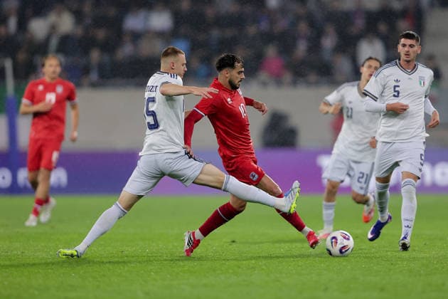 Danel Sinani Luxembourg 10 in duel with Luca Lipani Italy 5 Soccer, Season 2025 2026, Friendly match, International match 03 06 2026 National team Luxembourg Italy LUX vs ITA Stade de Luxembourg, Luxembourg