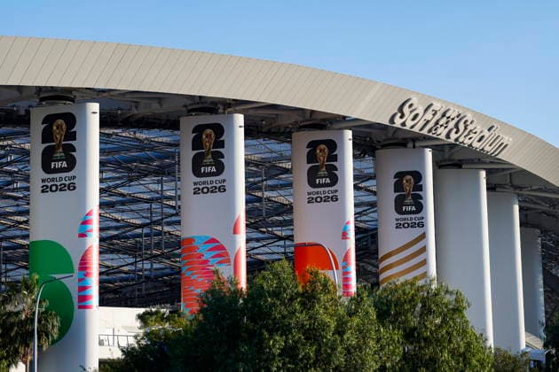 Los Angeles showcases World Cup features ahead of matches FIFA World Cup, WM, Weltmeisterschaft, Fussball signage is displayed outside SoFi Stadium in Inglewood, California, USA, 03 June 2026. The stadium is one of the venues selected to host matches during the upcoming FIFA World Cup. LOS ANGELES CALIFORNIA UNITED STATES  Copyright: xCHRISxTORRESx