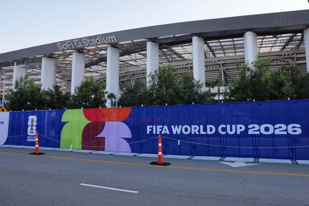 Los Angeles showcases World Cup features ahead of matches FIFA World Cup, WM, Weltmeisterschaft, Fussball signage is displayed outside SoFi Stadium in Inglewood, California, USA, 03 June 2026. The stadium is one of the venues selected to host matches during the upcoming FIFA World Cup. LOS ANGELES CALIFORNIA UNITED STATES  Copyright: xCHRISxTORRESx