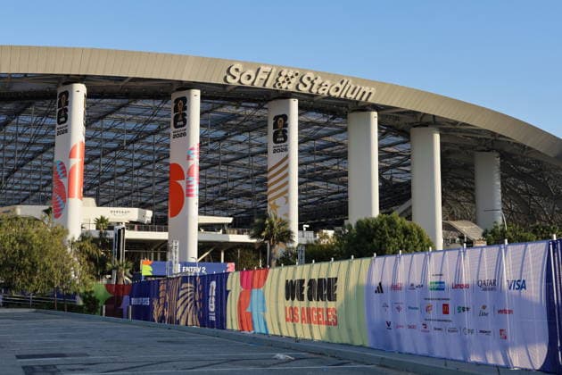 Los Angeles showcases World Cup features ahead of matches FIFA World Cup, WM, Weltmeisterschaft, Fussball signage is displayed outside SoFi Stadium in Inglewood, California, USA, 03 June 2026. The stadium is one of the venues selected to host matches during the upcoming FIFA World Cup. LOS ANGELES CALIFORNIA UNITED STATES  Copyright: xCHRISxTORRESx