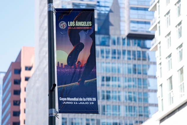 Los Angeles showcases World Cup features ahead of matches FIFA World Cup, WM, Weltmeisterschaft, Fussball signage is displayed at L.A. Live in downtown Los Angeles, California, USA, 03 June 2026. The city is preparing to host matches during the upcoming FIFA World Cup, with venues and public spaces featuring tournament branding. LOS ANGELES CALIFORNIA UNITED STATES  Copyright: xCHRISxTORRESx