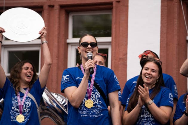 HSG Blomberg Lippe championship celebration, 3 6 2026, Season 2025 2026, Blomberg Andrea Jacobsen HSG Blomberg Lippe, 04 at the championship celebration on the Blomberg market square Blomberg market square Blomberg Germany