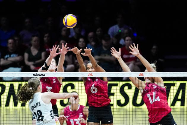 2026 Women s Volleyball Nations League - Day1 Jazmine Ruth White and Hilary Howe of Canada in action during the 2026 Women s Volleyball Nations League match between Germany and Canada at Videotron Centre on June 3, 2026, in Quebec City, Canada. Quebec City Quebec Canada  Copyright: xYuanxTianx originalFilename:tian-2026wome260603_np822.jpg