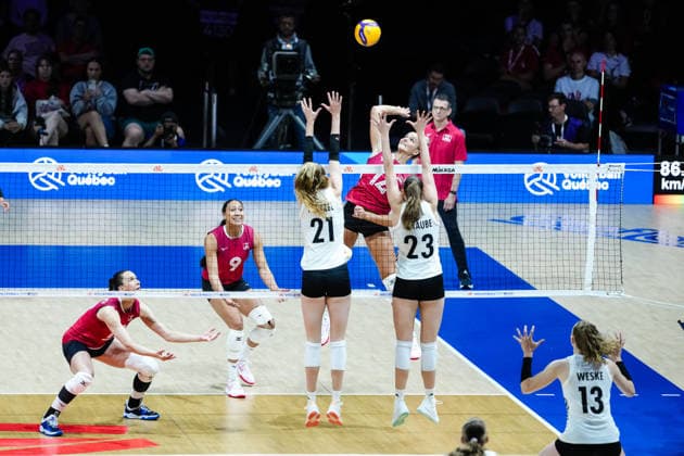 2026 Women s Volleyball Nations League - Day1 Hilary Howe of Canada competes during the 2026 Women s Volleyball Nations League match between Germany and Canada at Videotron Centre in Quebec City, Canada, on June 3, 2026. Quebec City Quebec Canada  Copyright: xYuanxTianx originalFilename:tian-2026wome260603_npa81.jpg