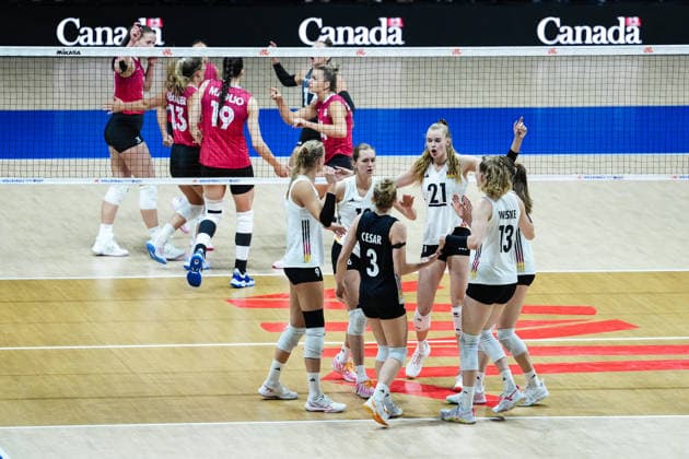 2026 Women s Volleyball Nations League - Day1 Team Germany celebrates after scoring a point during the 2026 Women s Volleyball Nations League match between Germany and Canada at Videotron Centre in Quebec City, Canada, on June 3, 2026. Quebec City Quebec Canada  Copyright: xYuanxTianx originalFilename:tian-2026wome260603_npwJJ.jpg