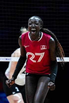 2026 Women s Volleyball Nations League - Day1 Nyadholi Thokbuom of Canada celebrates during the 2026 Women s Volleyball Nations League match between Germany and Canada at Videotron Centre on June 3, 2026, in Quebec City, Canada. Quebec City Quebec Canada  Copyright: xYuanxTianx originalFilename:tian-2026wome260603_npgdz.jpg