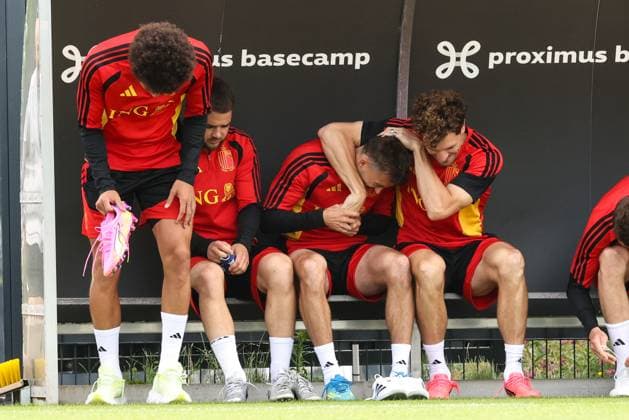 Belgium s Timothy Castagne and Belgium s Thomas Meunier pictured during a training session of Belgian national soccer team Red Devils for the 2026 FIFA World Cup, WM, Weltmeisterschaft, Fussball at the Proximus Basecamp in Tubize, on Thursday 04 June 2026. Red Devils will play a friendly game against Tunisia on Sathurday before leaving for the 2026 FIFA World Cup. BRUNOxFAHY  x175907563x