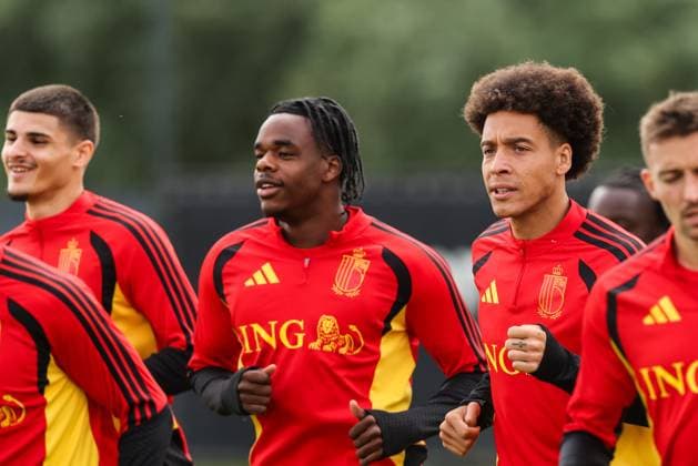 Belgium s Nathan Ngoy and Belgium s Axel Witsel pictured during a training session of Belgian national soccer team Red Devils for the 2026 FIFA World Cup, WM, Weltmeisterschaft, Fussball at the Proximus Basecamp in Tubize, on Thursday 04 June 2026. Red Devils will play a friendly game against Tunisia on Sathurday before leaving for the 2026 FIFA World Cup. BRUNOxFAHY  x175908459x