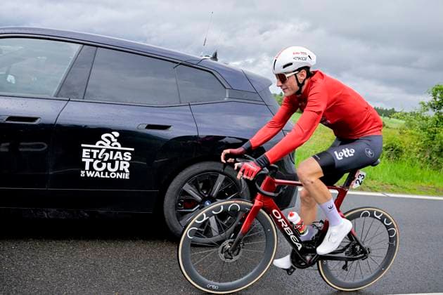 Tour de Wallonie 2026 Stage 4 EUPEN, BELGIUM - JUNE 04 : Slock Liam (BEL) of Lotto Intermarche in action during stage 4 of the 47th edition of Ethias Tour de Wallonie an UCI ProSeries 2.Pro cycling road race stage for Men Elite of 166.7 km with start in Dison and finish in Eupen on June 4, 2026 in Eupen, Belgium, 04 06 2026 ( Motordriver Pieter Van Herzele - Eupen Belgium  Copyright: xSesx