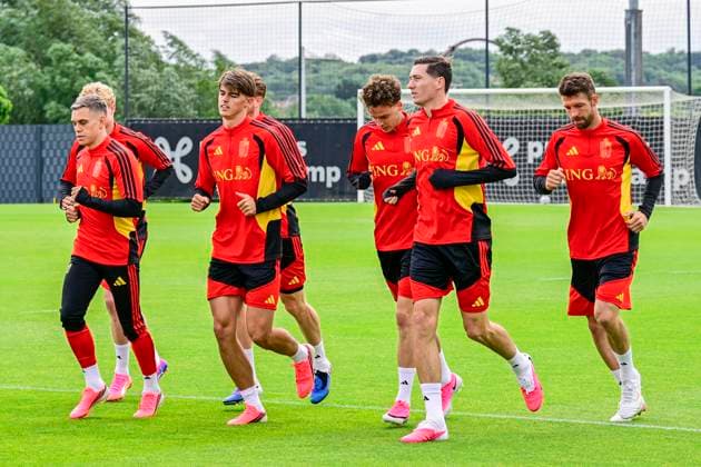 Belgian national football team - FIFA World Cup, WM, Weltmeisterschaft, Fussball 2026 - media activities 04 06 2026 TUBIZE, BELGIUM - JUNE 04 : Trossard Leandro forward of Belgium, De Ketelaere Charles midfielder of Belgium, Vanaken Hans midfielder of Belgium and Mechele Brandon defender of Belgium pictured during a training session at the training grounds of the Royal Belgian Football Association ahead of the FIFA World Cup 2026 on June 4, 2026 in Tubize, Belgium, 04 06 2026 Tubize Belgium  Copyright: xJanxDexMeuleneirx