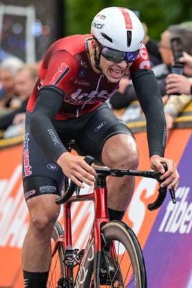 Belgian Arnaud De Lie of Lotto-Intermarche celebrates as he crosses the finish line to win the fourth stage of the Tour De Wallonie cycling race, from Dison to Eupen (166,7 km), on Thursday 04 June 2026. DAVIDxPINTENS  x175958200x