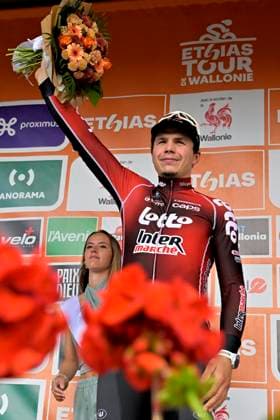 Tour de Wallonie 2026 Stage 4 EUPEN, BELGIUM - JUNE 04 : De Lie Arnaud (BEL) of Lotto Intermarche after win the stage 4 of the 47th edition of Ethias Tour de Wallonie an UCI ProSeries 2.Pro cycling road race stage for Men Elite of 166.7 km with start in Dison and finish in Eupen on June 4, 2026 in Eupen, Belgium, 04 06 2026 ( Motordriver Pieter Van Herzele - Eupen Belgium  Copyright: xSesx
