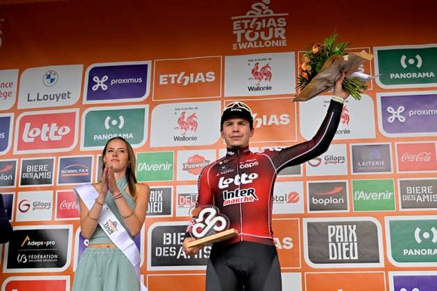 Tour de Wallonie 2026 Stage 4 EUPEN, BELGIUM - JUNE 04 : De Lie Arnaud (BEL) of Lotto Intermarche after win the stage 4 of the 47th edition of Ethias Tour de Wallonie an UCI ProSeries 2.Pro cycling road race stage for Men Elite of 166.7 km with start in Dison and finish in Eupen on June 4, 2026 in Eupen, Belgium, 04 06 2026 ( Motordriver Pieter Van Herzele - Eupen Belgium  Copyright: xSesx