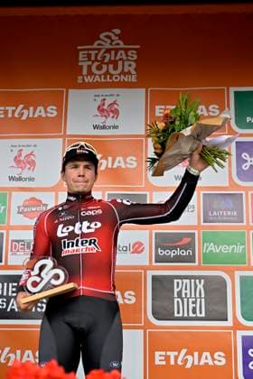 Tour de Wallonie 2026 Stage 4 EUPEN, BELGIUM - JUNE 04 : De Lie Arnaud (BEL) of Lotto Intermarche after win the stage 4 of the 47th edition of Ethias Tour de Wallonie an UCI ProSeries 2.Pro cycling road race stage for Men Elite of 166.7 km with start in Dison and finish in Eupen on June 4, 2026 in Eupen, Belgium, 04 06 2026 ( Motordriver Pieter Van Herzele - Eupen Belgium  Copyright: xSesx