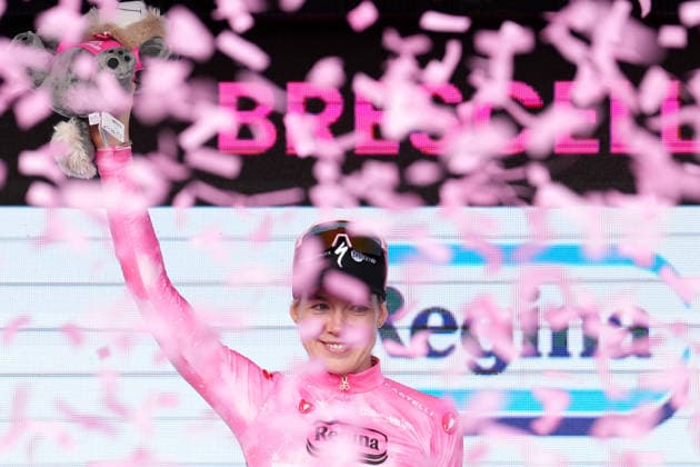 The pink jersey Netherlands™s Anna van der Breggen of Team SD Worx - Protime™s celebrate on the podium after the Stage 6 of the Giro d™Italia Women, from Ala to Brescello, Italy, Thursday, June 4, 2026  Copyright: xDavidexSpada LaPressex