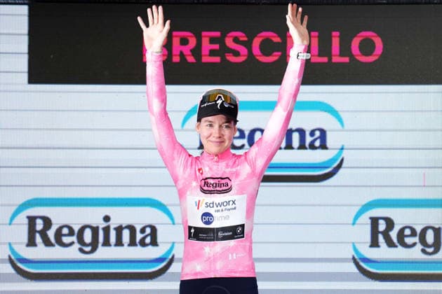 The pink jersey Netherlands™s Anna van der Breggen of Team SD Worx - Protime™s celebrate on the podium after the Stage 6 of the Giro d™Italia Women, from Ala to Brescello, Italy, Thursday, June 4, 2026  Copyright: xDavidexSpada LaPressex