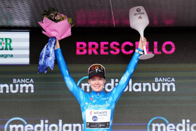 The blue jersey Netherlands™s Anna van der Breggen of Team SD Worx - Protime™s celebrate on the podium after the Stage 6 of the Giro d™Italia Women, from Ala to Brescello, Italy, Thursday, June 4, 2026  Copyright: xDavidexSpada LaPressex