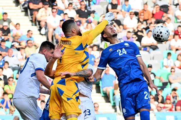 LJUBLJANA, SLOVENIA - JUNE 04: Fabiano of Cyprus (C) in action against David Brekalo of Slovenia (2R) during the International men’s football Friendly match between Slovenia and Cyprus at Stadium Stozice, Ljubljana on June 04, 2026 in Ljubljana, Slovenia. (Photo by Igor Kupljenik Sports Press Photo).  Copyright: xIgorxKupljenikx xSPPx Sportspressphoto_SPR160718