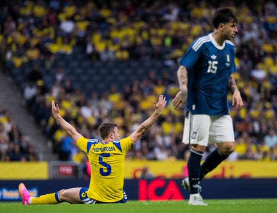 260604 Gabriel Gudmundsson of Sweden reacts during the international friendly football match between Sweden and Greece on June 4, 2026 in Stockholm Photo Joel Marklund BILDBYRAN code JM JM0822 bbeng fotboll football soccer fotball träningslandskamp international friendly sverige sweden sverige a grekland greece  Copyright: JOELxMARKLUND BB260604JM017