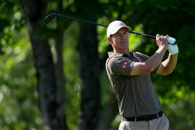 DUBLIN, OH - JUNE 04: Adam Scott of Australia plays his shot from the fifth tee during first round of the Memorial Tournament on June 04, 2026 at the Muirfield Village Golf Club in Dublin, Ohio. (Photo by Jason Mowry Icon Sportswire) GOLF: JUN 04 PGA, Golf Herren the Memorial Tournament presented by Workday EDITORIAL USE ONLY Icon260604023