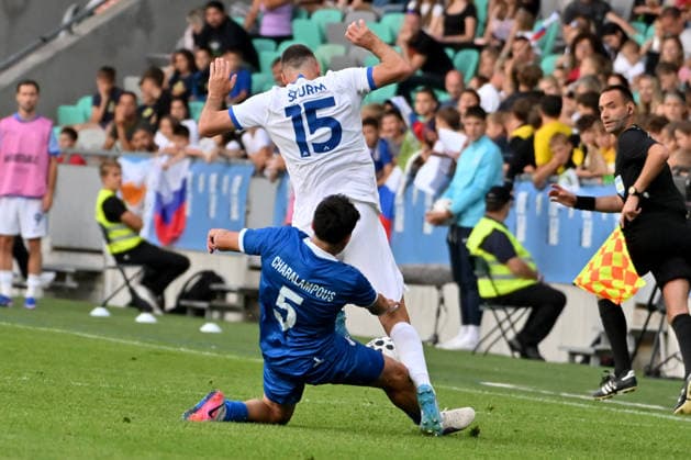 LJUBLJANA, SLOVENIA - JUNE 04: Charalampos Charalampous of Cyprus (L) in action against Danijel Sturm of Slovenia (R) during the International men’s football Friendly match between Slovenia and Cyprus at Stadium Stozice, Ljubljana on June 04, 2026 in Ljubljana, Slovenia. (Photo by Igor Kupljenik Sports Press Photo).  Copyright: xIgorxKupljenikx xSPPx Sportspressphoto_SPR160742
