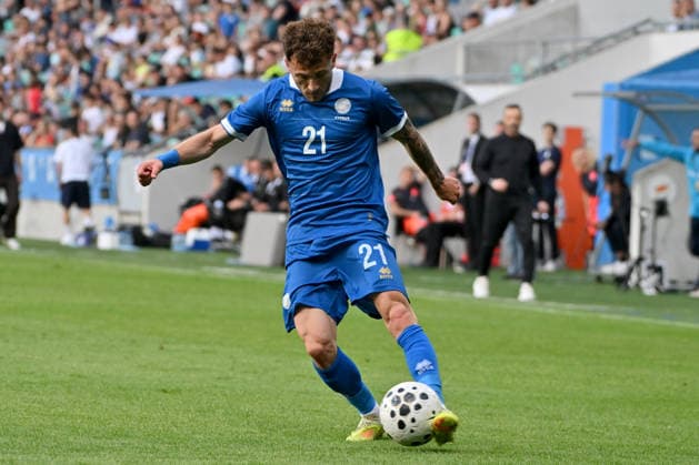 LJUBLJANA, SLOVENIA - JUNE 04: Marinos Tzionis of Cyprus (C) in action during the International men’s football Friendly match between Slovenia and Cyprus at Stadium Stozice, Ljubljana on June 04, 2026 in Ljubljana, Slovenia. (Photo by Igor Kupljenik Sports Press Photo).  Copyright: xIgorxKupljenikx xSPPx Sportspressphoto_SPR160746