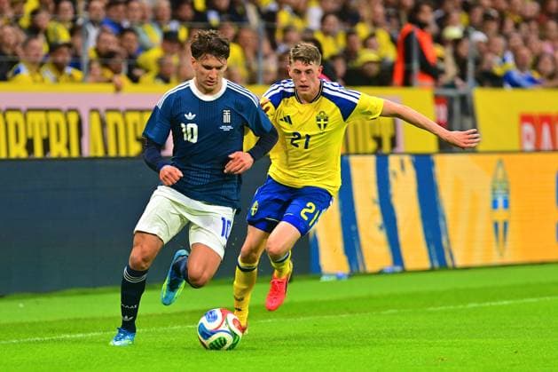 Strawberry Arena SOLNA, SWEDEN - JUNE 4: Christos Tzolis of Greece and Alexander Bernhardsson of Sweden in the friendly match between Sweden and Greece at Strawberry Arena on June 4, 2026 in Solna, Sweden. (Peter Sonander SPP)  Copyright: xPeterxSonander SPPx Sportspressphoto_SPR160749