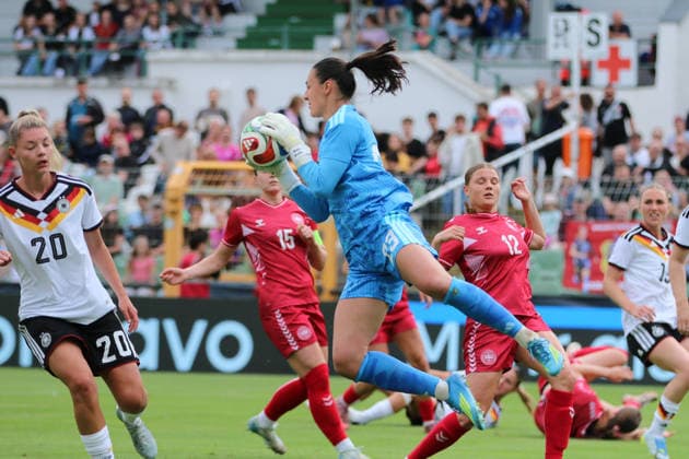 04 06 2026 Soccer Women 2025 2026 U23 international Germany Denmark Alfred Kunze Sportpark Leipzig Maria Grohs Germany, 23, blue fetches a cross from the air Leipzig Saxony Germany
