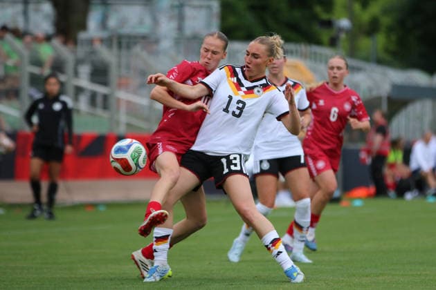 04 06 2026 Soccer Women 2025 2026 U23 international Germany Denmark Alfred Kunze Sportpark Leipzig Sophie Nachtigall Germany, 13, white in a duel with Karoline Olesen Denmark, 10, red Leipzig Saxony Germany