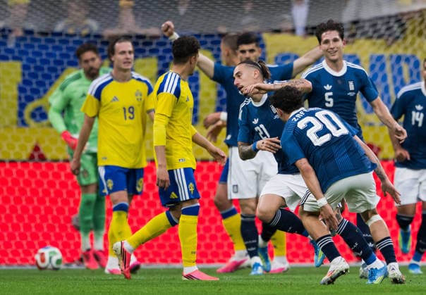 260604 Kostas Tsimikas of Greece celebrates after scoring 0 1 during the international friendly football match between Sweden and Greece on June 4, 2026 in Stockholm Photo Johanna Säll BILDBYRAN kod JL JM0822 bbeng fotboll football soccer fotball träningslandskamp international friendly sverige sweden sverige a grekland greece  Copyright: JOHANNAxSÄLL BB260604BB553