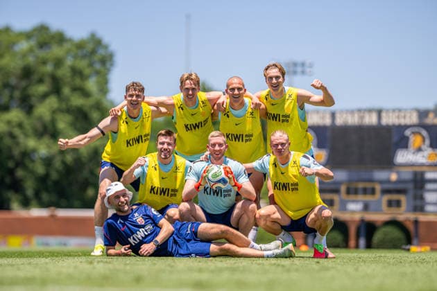 260604 Players of the Norwegian national football team celebrate at a training session during day 7 of the FIFA World Cup 2026 on June 4, 2026 in Greensboro From top left Jorgen Strand Larsen, Torbjorn Lysaker Heggem, Leo ostigard, Kristian Thorstvedt, Fredrik AndrÃ Bjorkan, goalkeeper Egil Selvik, Erling Braut Haaland and kit manager Sigurd Ertsas Photo Vegard Grott BILDBYRAN kod VG VG0936 bbeng fotball football soccer fotboll fifa world cup vm fotball vm norge norway trening träning training practice precamp pre camp jubel  Copyright: VEGARDxGRoTT BB260604VG002