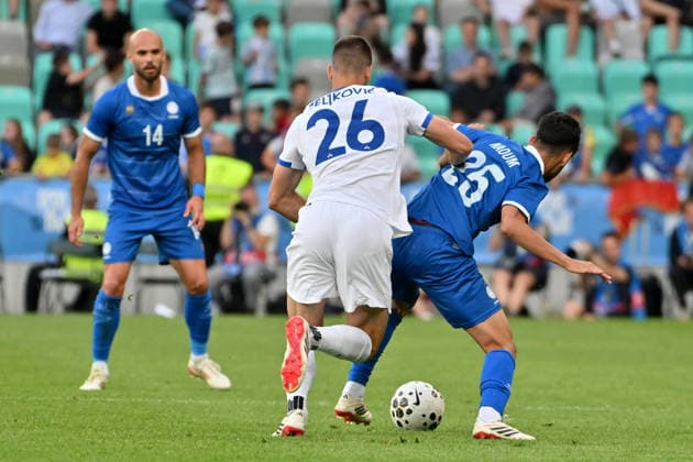 LJUBLJANA, SLOVENIA - JUNE 04: Giorgos Naoum of Cyprus (R) in action against Adrian Zeljkovic of Slovenia (C) during the International men’s football Friendly match between Slovenia and Cyprus at Stadium Stozice, Ljubljana on June 04, 2026 in Ljubljana, Slovenia. (Photo by Igor Kupljenik Sports Press Photo).  Copyright: xIgorxKupljenikx xSPPx Sportspressphoto_SPR160757