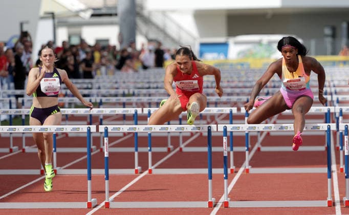 ATHLETICS - Liese Prokop Memorial ST. POELTEN,,04.JUN.26 - ATHLETICS - Liese Prokop Memorial, 100m hurdles, women. Image shows Mia Wild (CRO), Nika Glojnaric (SLO) and Britany Anderson (JAM).  GEPAxpictures xWalterxLuger