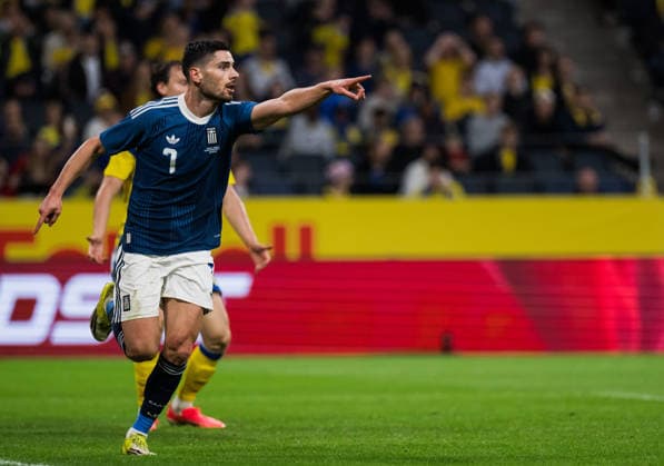260604 Giorgos Masouras of Greece celebrates after scoring 2 2 during the international friendly football match between Sweden and Greece on June 4, 2026 in Stockholm Photo Joel Marklund BILDBYRAN kod JM JM0822 bbeng fotboll football soccer fotball träningslandskamp international friendly sverige sweden sverige a grekland greece jubel  Copyright: JOELxMARKLUND BB260604JM073