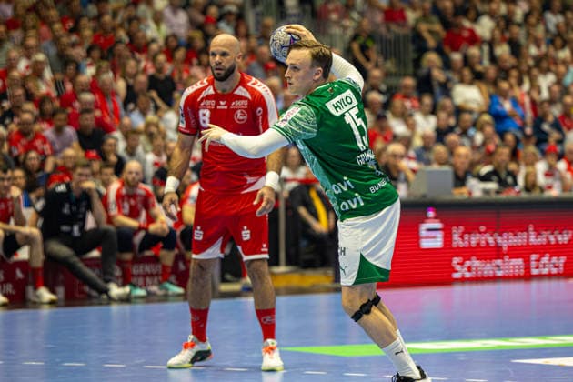 DAIKIN Handball Bundesliga, Kassel, MT Melsungen vs Fuechse Berlin, Rothenbach Halle Kassel 04 06 2026 DAIKIN Handball Bundesliga, Kassel, Germany 04 06 2026 Tobias Scholberg Grondahl Füchse Berlin, 15 at the throw,Handball Bundesliga, MT Melsungen vs Fuechse Berlin match, Rothenbach Halle Kassel Copyright: xBEAUTIFULxSPORTS Freudensteinx