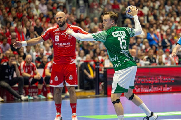 DAIKIN Handball Bundesliga, Kassel, MT Melsungen vs Fuechse Berlin, Rothenbach Halle Kassel 04 06 2026 DAIKIN Handball Bundesliga, Kassel, Germany 04 06 2026 Tobias Scholberg Grondahl Füchse Berlin, 15 at the throw, Handball Bundesliga, MT Melsungen vs Fuechse Berlin match, Rothenbach Halle Kassel Copyright: xBEAUTIFULxSPORTS Freudensteinx