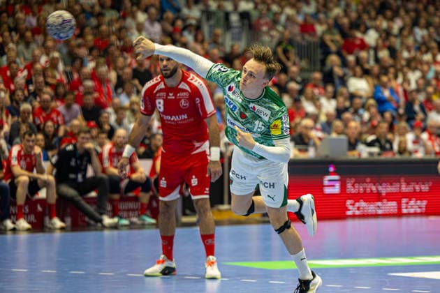 DAIKIN Handball Bundesliga, Kassel, MT Melsungen vs Fuechse Berlin, Rothenbach Halle Kassel 04 06 2026 DAIKIN Handball Bundesliga, Kassel, Germany 04 06 2026 Tobias Scholberg Grondahl Füchse Berlin, 15 at the throw, Handball Bundesliga, MT Melsungen vs Fuechse Berlin match, Rothenbach Halle Kassel Copyright: xBEAUTIFULxSPORTS Freudensteinx